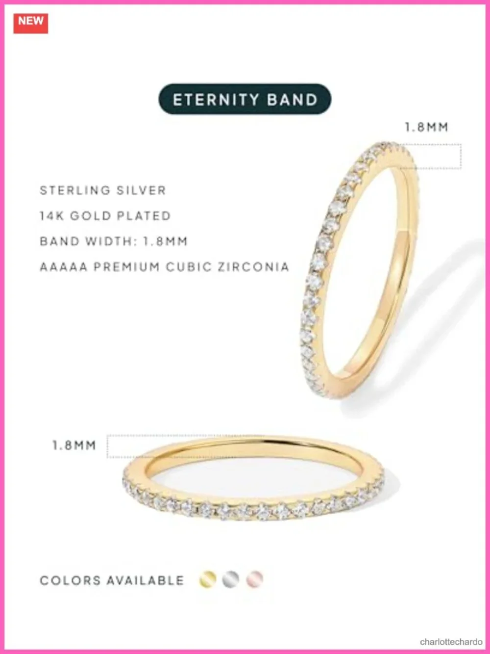 Sterling Silver 14K Gold Plated CZ Eternity Wedding Band Ring